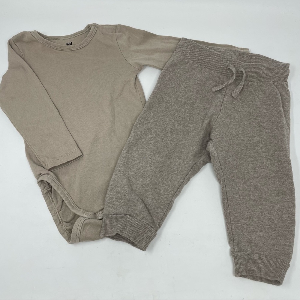 Baby 2pc H&M Light Brown Long Sleeve Onesie Heather Brown Track Pants Size 12m